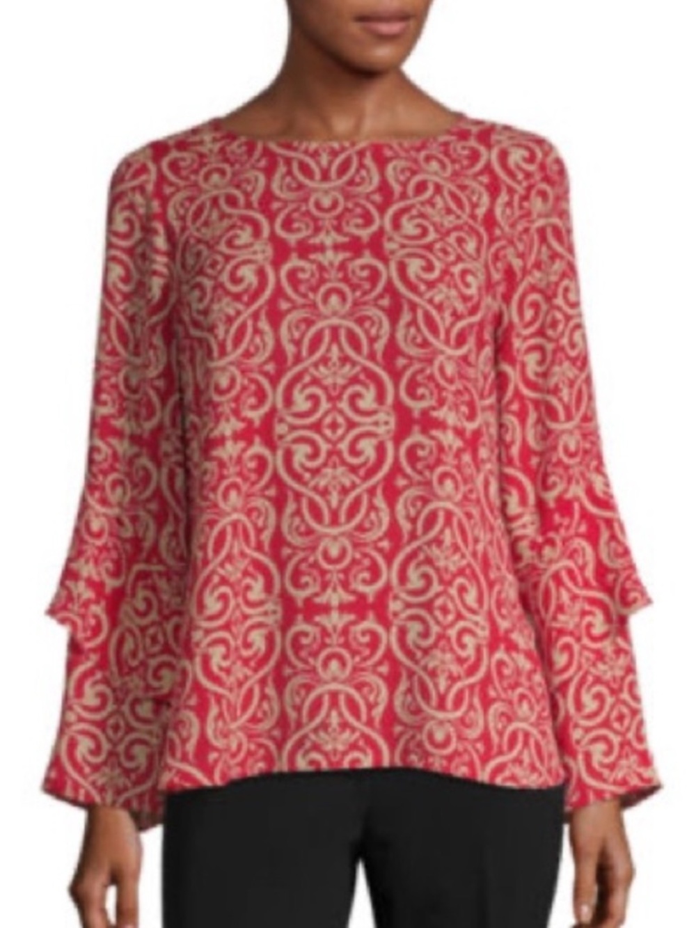 Worthington Women’s Red Cream Scroll Patterned Ruffled Bell-Sleeve Top. Size PM.